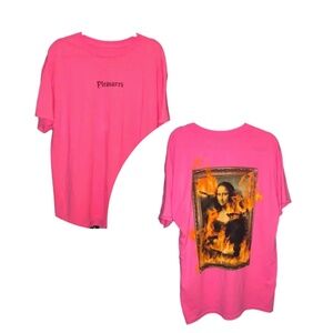 Pleasures Mens Mona Lisa Burn Again Flames Graphic Cotton Pink T Shirt Pink XL